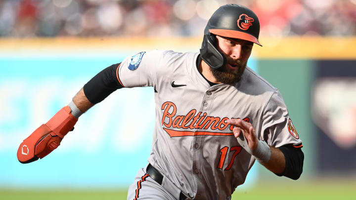 Aug 1, 2024; Cleveland, Ohio, USA; Baltimore Orioles left fielder Colton Cowser (17) rounds third base en route to scoring  at Progressive Field. 