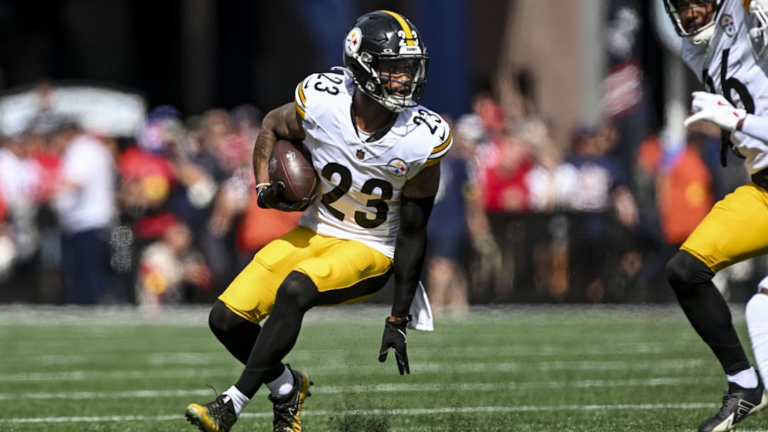 Sep 21, 2025; Foxborough, Massachusetts, USA; Pittsburgh Steelers cornerback Darius Slay (23) reacts after a fumble recovery during the first quarter at Gillette Stadium. Mandatory Credit: Brian Fluharty-Imagn Images