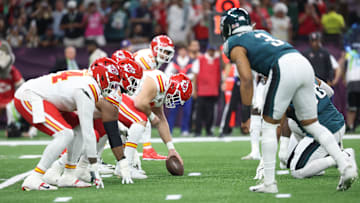Feb 9, 2025; New Orleans, LA, USA; General view as the Kansas City Chiefs offense lines up against the Philadelphia Eagles defense in the first quarter in Super Bowl LIX at Ceasars Superdome. Mandatory Credit: Mark J. Rebilas-Imagn Images