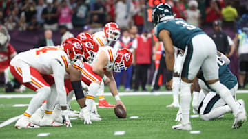 Feb 9, 2025; New Orleans, LA, USA; General view as the Kansas City Chiefs offense lines up against the Philadelphia Eagles defense in the first quarter in Super Bowl LIX at Ceasars Superdome. Mandatory Credit: Mark J. Rebilas-Imagn Images
