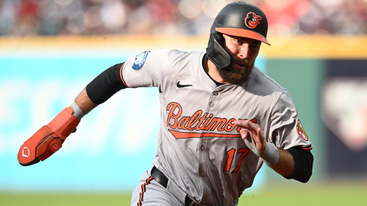 Aug 1, 2024; Cleveland, Ohio, USA; Baltimore Orioles left fielder Colton Cowser (17) rounds third base en route to scoring  at Progressive Field.