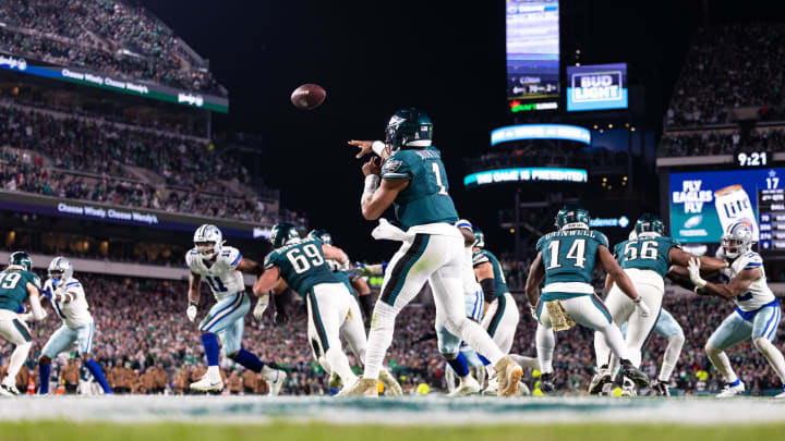 Nov 5, 2023; Philadelphia, Pennsylvania, USA; Philadelphia Eagles quarterback Jalen Hurts (1) passes the ball against the Dallas Cowboys during the fourth quarter at Lincoln Financial Field. Mandatory Credit: Bill Streicher-USA TODAY Sports