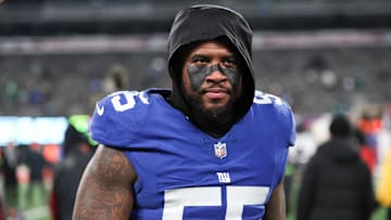 Jan 7, 2024; East Rutherford, New Jersey, USA; New York Giants linebacker Jihad Ward (55) walks off the field after the game against the Philadelphia Eagles at MetLife Stadium. Mandatory Credit: Vincent Carchietta-Imagn Images