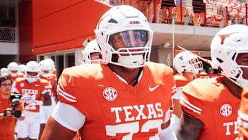 Aug 31, 2024; Austin, Texas, USA; Texas Longhorns lineman Brandon Baker (73) before a game at Darrell K Royal-Texas Memorial Stadium. Mandatory Credit: Aaron Meullion-Imagn Images