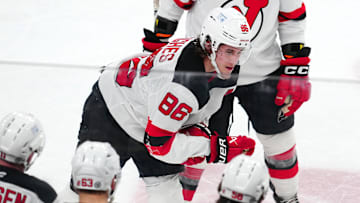 Mar 2, 2025; Las Vegas, Nevada, USA; New Jersey Devils center Jack Hughes (86) makes his way off the ice after sustaining an apparent injury during a play against the Vegas Golden Knights during the third period at T-Mobile Arena. Mandatory Credit: Stephen R. Sylvanie-Imagn Images