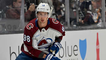 Oct 7, 2025; Los Angeles, California, USA;  Colorado Avalanche center Martin Necas (88) warms up prior to the game against the Los Angeles Kings at Crypto.com Arena. Mandatory Credit: Jayne Kamin-Oncea-Imagn Images