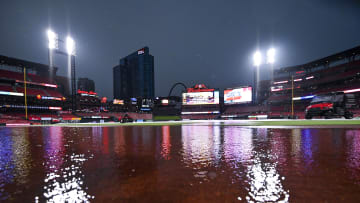 May 26, 2024; St. Louis, Missouri, USA;  A general view of a flooded Busch Stadium during a weather delay before a game between the St. Louis Cardinals and the Chicago Cubs. Mandatory Credit: Jeff Curry-USA TODAY Sports