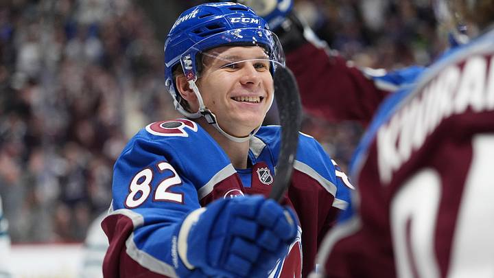 Nov 26, 2025; Denver, Colorado, USA; Colorado Avalanche center Ivan Ivan (82) reacts following a goal scored in the second period against the San Jose Sharks at Ball Arena. Mandatory Credit: Ron Chenoy-Imagn Images