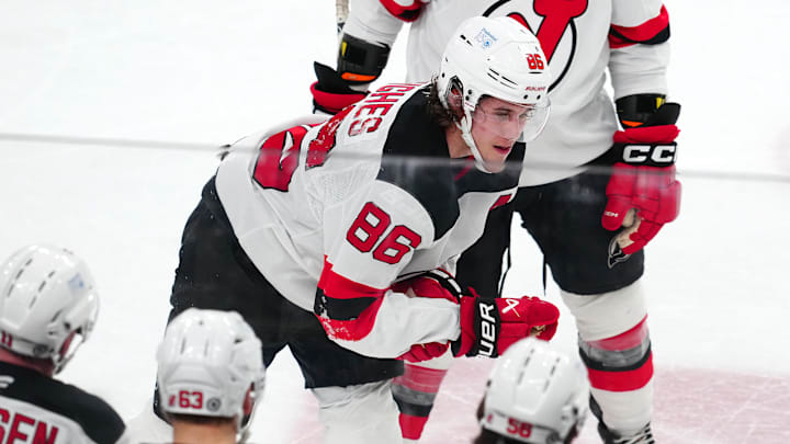Mar 2, 2025; Las Vegas, Nevada, USA; New Jersey Devils center Jack Hughes (86) makes his way off the ice after sustaining an apparent injury during a play against the Vegas Golden Knights during the third period at T-Mobile Arena. Mandatory Credit: Stephen R. Sylvanie-Imagn Images