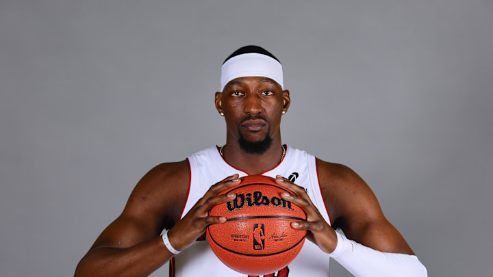 Sep 30, 2024; Miami, FL, USA; Miami Heat center Bam Adebayo (13) poses for a photo during media day at Kaseya Center Mandatory Credit: Sam Navarro-Imagn Images