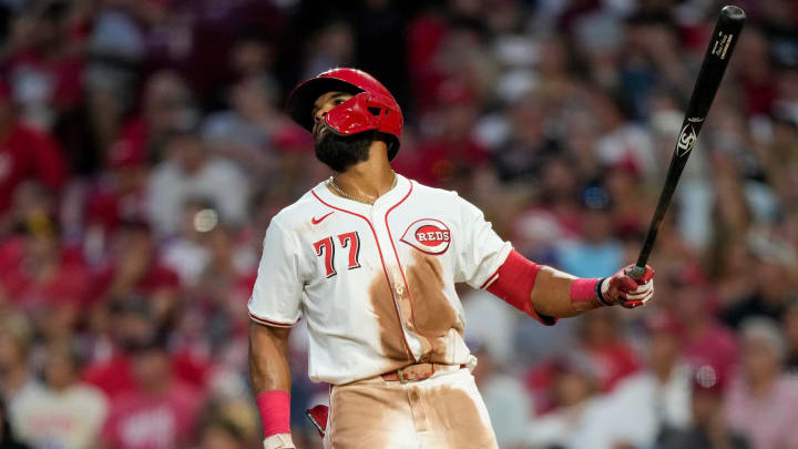 Cincinnati Reds right fielder Rece Hinds (77) hits a solo home run in the eighth inning of the MLB National League game between the Cincinnati Reds and the Colorado Rockies at Great American Ball Park in downtown Cincinnati on Monday, July 8, 2024. The Reds won the opening game of the series, 6-0.