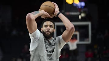 Dec 26, 2023; Portland, Oregon, USA; Sacramento Kings center JaVale McGee (00) warms up before a game against the Portland Trail Blazers at Moda Center. Mandatory Credit: Troy Wayrynen-USA TODAY Sports