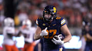 Oct 5, 2024; Berkeley, California, USA; California Golden Bears tight end Jack Endries (87) runs after a catch against the Miami Hurricanes during the first quarter at California Memorial Stadium. Mandatory Credit: Darren Yamashita-Imagn Images