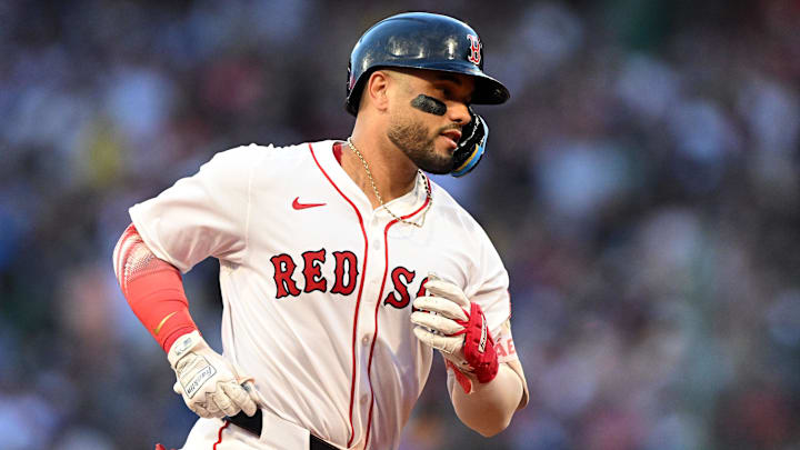 Jul 9, 2025; Boston, Massachusetts, USA; Boston Red Sox catcher Carlos Narvaez (75) runs the bases after hitting a solo home run against the Colorado Rockies during the second inning at Fenway Park. Mandatory Credit: Brian Fluharty-Imagn Images