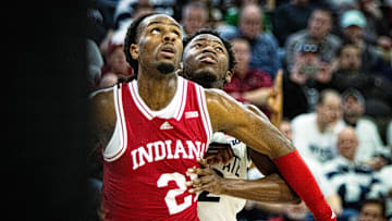 Indiana guard Mackenzie Mgbako (21) boxes out Penn State guard D'Marco Dunn (2) - January 5, 2025