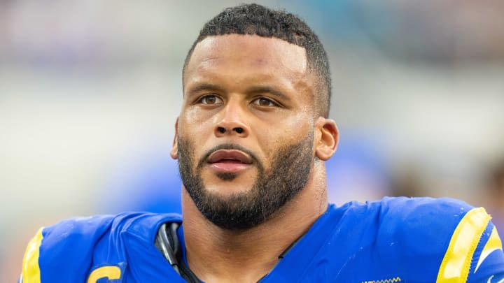 October 15, 2023; Inglewood, California, USA; Los Angeles Rams defensive tackle Aaron Donald (99) during the fourth quarter against the Arizona Cardinals at SoFi Stadium. Mandatory Credit: Kyle Terada-USA TODAY Sports