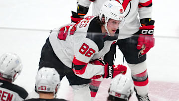 New Jersey Devils center Jack Hughes (86). Mandatory Credit: Stephen R. Sylvanie-Imagn Images