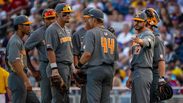 Jun 20, 2023; Omaha, NE, USA; Tennessee Volunteers head coach Tony Vitello motions to the bullpen during the eighth inning against the LSU Tigers at Charles Schwab Field Omaha. Mandatory Credit: Dylan Widger-Imagn Images