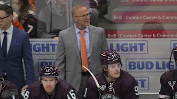 Jan 21, 2024; Anaheim, California, USA; Anaheim Ducks head coach Greg Cronin looks on from the bench in the second period against the New York Rangers at Honda Center. Mandatory Credit: Jayne Kamin-Oncea-Imagn Images