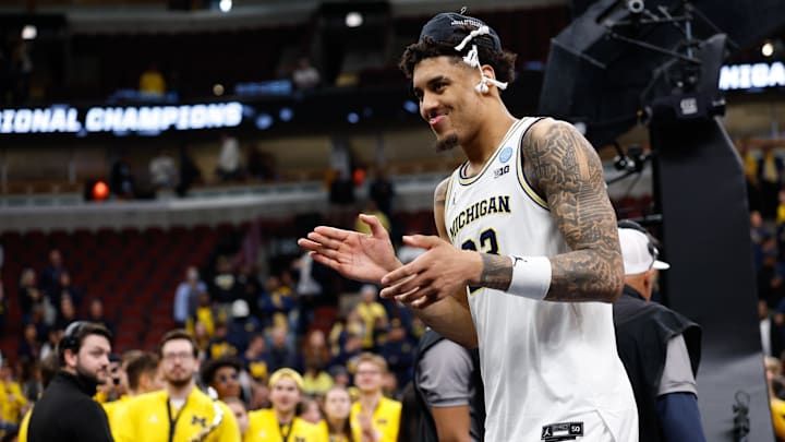 Mar 29, 2026; Chicago, IL, USA; Michigan Wolverines forward Yaxel Lendeborg (23) reacts after defeating the Tennessee Volunteers in an Elite Eight game of the Midwest Regional of the men's 2026 NCAA Tournament at United Center. Mandatory Credit: Kamil Krzaczynski-Imagn Images