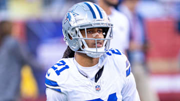 October 8, 2023; Santa Clara, California, USA; Dallas Cowboys cornerback Stephon Gilmore (21) warms up before the game against the San Francisco 49ers at Levi's Stadium. Mandatory Credit: Kyle Terada-Imagn Images