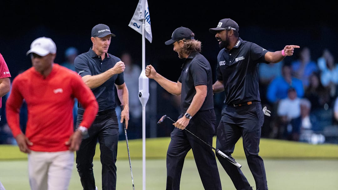 Tommy Fleetwood, Justin Rose and Sahith Theegala
of Los Angeles Golf Club celebrate winning the hole against Jupiter Links GC during theTGL finals at SoFi Center on March 23, 2026, in Palm Beach Gardens, Florida