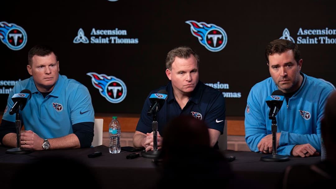 Tennessee Titans management, from left, Chad Brinker, president of football operations, Mike Borgonzi, general manager, and Brian Callahan, head coach, field questions from the media at Ascension Saint Thomas Sports Park in Nashville, Tenn., Tuesday, April 22, 2025.