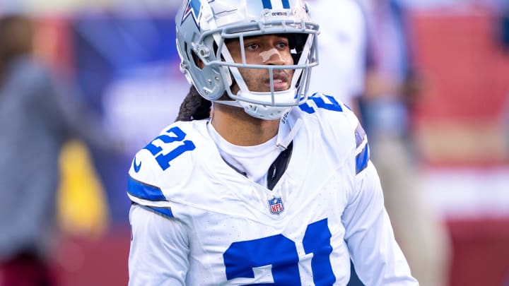 October 8, 2023; Santa Clara, California, USA; Dallas Cowboys cornerback Stephon Gilmore (21) warms up before the game against the San Francisco 49ers at Levi's Stadium. Mandatory Credit: Kyle Terada-USA TODAY Sports