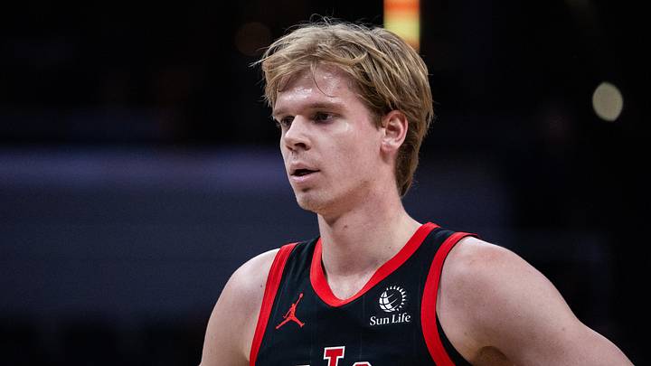 Jan 14, 2026; Indianapolis, Indiana, USA;Toronto Raptors guard/forward Gradey Dick (1) in the first half against the Indiana Pacers at Gainbridge Fieldhouse. Mandatory Credit: Trevor Ruszkowski-Imagn Images