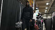 Miami Heat center Bam Adebayo enters Frost Bank Center before a game against the San Antonio Spurs.