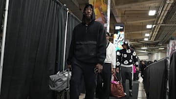 Miami Heat center Bam Adebayo enters Frost Bank Center before a game against the San Antonio Spurs.