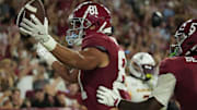 Sep 6, 2025; Tuscaloosa, Alabama, USA;  Alabama tight end Kaleb Edwards (81) celebrates after catching a touchdown pass against UL Monroe at Saban Field at Bryant-Denny Stadium. Mandatory Credit: Gary Cosby Jr.-Imagn Images