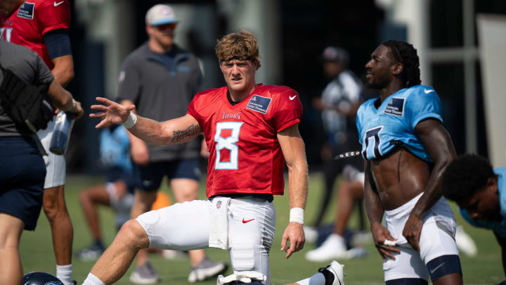 Tennessee Titans quarterback Will Levis (8) and wide receiver Calvin Ridley (0) stretch at Ascension Saint Thomas Sports Park in Nashville, Tenn., Thursday, Aug. 15, 2024. This is the second day of the Titans joint practice with the Seattle Seahawks.