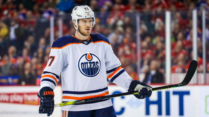 Jan 11, 2020; Calgary, Alberta, CAN; Edmonton Oilers defenseman Oscar Klefbom (77) against the Calgary Flames during the second period at Scotiabank Saddledome. Mandatory Credit: Sergei Belski-USA TODAY Sports