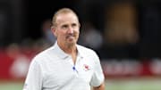 Aug 9, 2025; Glendale, Arizona, USA; Kansas City Chiefs defensive coordinator Steve Spagnuolo against the Arizona Cardinals during a preseason NFL game at State Farm Stadium. Mandatory Credit: Mark J. Rebilas-Imagn Images