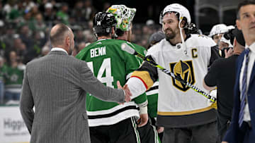 May 5, 2024; Dallas, Texas, USA; Dallas Stars head coach Peter DeBoer shakes hands with Vegas Golden Knights right wing Mark Stone (61) after the Stars defeat the Vegas Golden Knights in game seven of the first round of the 2024 Stanley Cup Playoffs at American Airlines Center. Mandatory Credit: Jerome Miron-Imagn Images