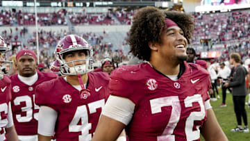 Nov 16, 2024; Tuscaloosa, AL, USA; Alabama Crimson Tide offensive lineman Parker Brailsford (72) smiles as he leaves the field after defeating the Mercer Bears at Bryant-Denny Stadium Mandatory Credit: Gary Cosby Jr.-Imagn Images