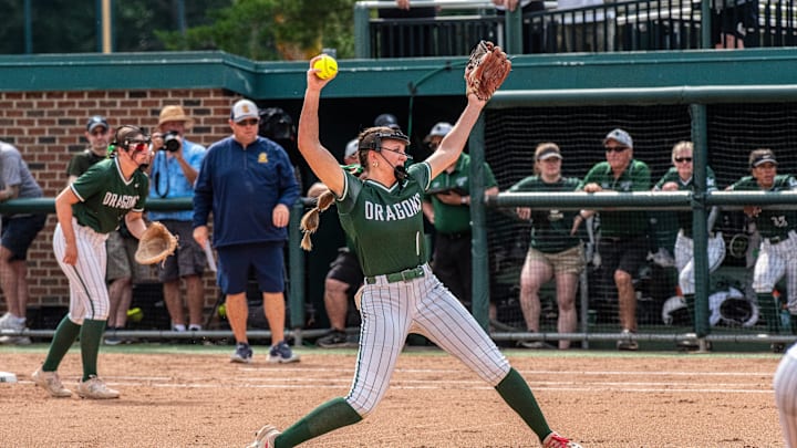 Lake Orion's Rylee Limberger pitches during the Division 1 softball state semifinal on Thursday, June 13, 2024, at Michigan State University's Secchia Stadium. Lake Orion's Rylee Limberger pitches during the Division 1 softball state semifinal on Thursday, June 13, 2024, at Michigan State University's Secchia Stadium.