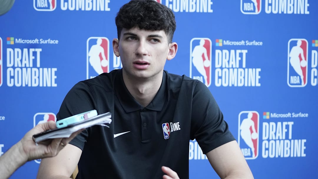 May 19, 2022; Chicago, IL, USA; Gabriele Procida talks to the media during the 2022 NBA Draft Combine at Wintrust Arena. Mandatory Credit: David Banks-USA TODAY Sports