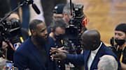 Feb 20, 2022; Cleveland, Ohio, USA; Lebron James and Michael Jordan on court during halftime during the 2022 NBA All-Star Game at Rocket Mortgage FieldHouse. Mandatory Credit: David Richard-Imagn Images