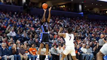 Duke v Virginia; Duke basketball forward Isaiah Evans shoots a 3-pointer against Virginia
