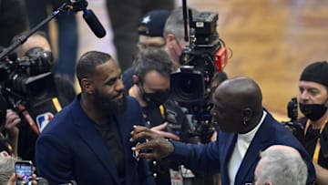 Feb 20, 2022; Cleveland, Ohio, USA; Lebron James and Michael Jordan on court during halftime during the 2022 NBA All-Star Game at Rocket Mortgage FieldHouse. Mandatory Credit: David Richard-Imagn Images