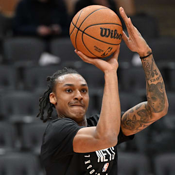 Jan 1, 2025; Toronto, Ontario, CAN;  Brooklyn Nets forward Maxwell Lewis (27) warms up before playing the Toronto Raptors at Scotiabank Arena. Mandatory Credit: Dan Hamilton-Imagn Images