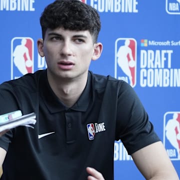 May 19, 2022; Chicago, IL, USA; Gabriele Procida talks to the media during the 2022 NBA Draft Combine at Wintrust Arena. Mandatory Credit: David Banks-USA TODAY Sports