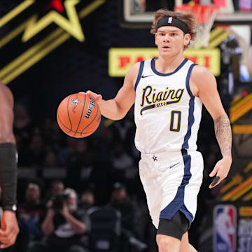 Team Detlef guard Mac McClung (0) of the Osceola Magic dribbles the ball during a Rising Stars semifinal game at Gainbridge Fieldhouse.