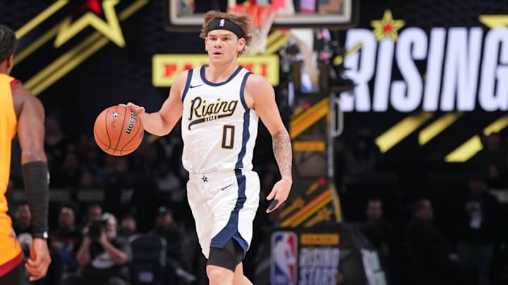 Team Detlef guard Mac McClung (0) of the Osceola Magic dribbles the ball during a Rising Stars semifinal game at Gainbridge Fieldhouse.