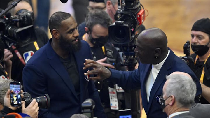 Feb 20, 2022; Cleveland, Ohio, USA; Lebron James and Michael Jordan on court during halftime during the 2022 NBA All-Star Game at Rocket Mortgage FieldHouse. Mandatory Credit: David Richard-Imagn Images