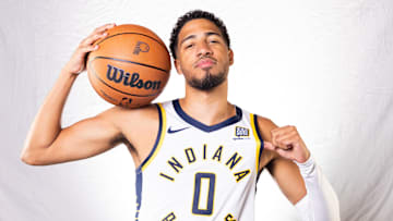 Sep 30, 2024; Indianapolis, IN, USA;  Indiana Pacers guard Tyrese Haliburton (0) poses for a photo during 2024 Media day.  Mandatory Credit: Trevor Ruszkowski-Imagn Images