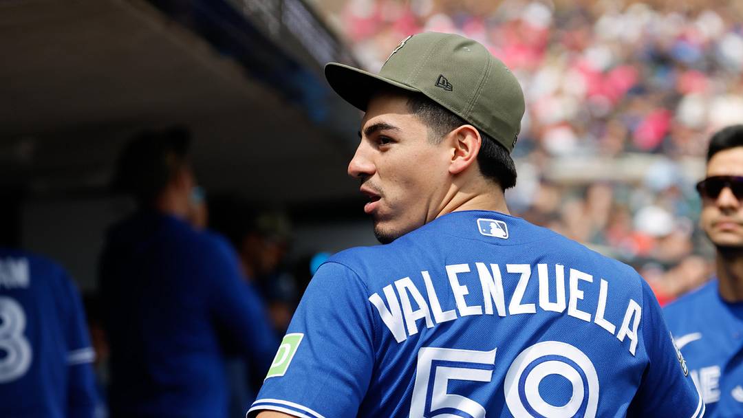 May 16, 2026; Detroit, Michigan, USA; Toronto Blue Jays catcher Brandon Valenzuela (59) in the dugout in the seventh inning against the Detroit Tigers at Comerica Park. Mandatory Credit: Rick Osentoski-Imagn Images