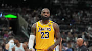 Nov 27, 2024; San Antonio, Texas, USA;  Los Angeles Lakers forward LeBron James (23) looks over in the second half against the San Antonio Spurs at Frost Bank Center. Mandatory Credit: Daniel Dunn-Imagn Images